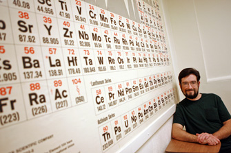 a science professor standing next to a periodic table