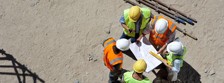aerial view of construction workers in hardhats