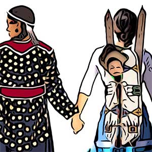 artist rendering of indigenous women and children