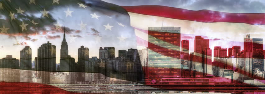 skyline with image of the American flag