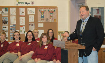 Governor Brian Schweitzer speaks at the graduation ceremony at the Montana Women's Prison