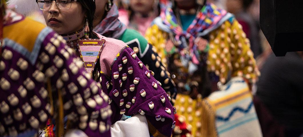 A close-up of Native American garb.