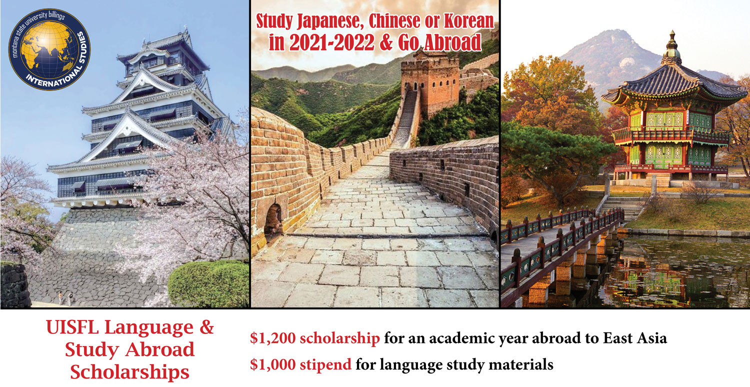 Study Japanese, Chinese, or Korean in 2021-2022 & Go Abroad. $1,200 scholarship for an academic year abroad to East Asia; $1,000 stipend for language study materials