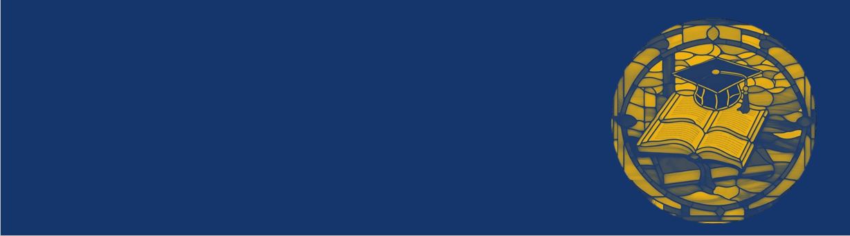 blue banner with yellow cap and book