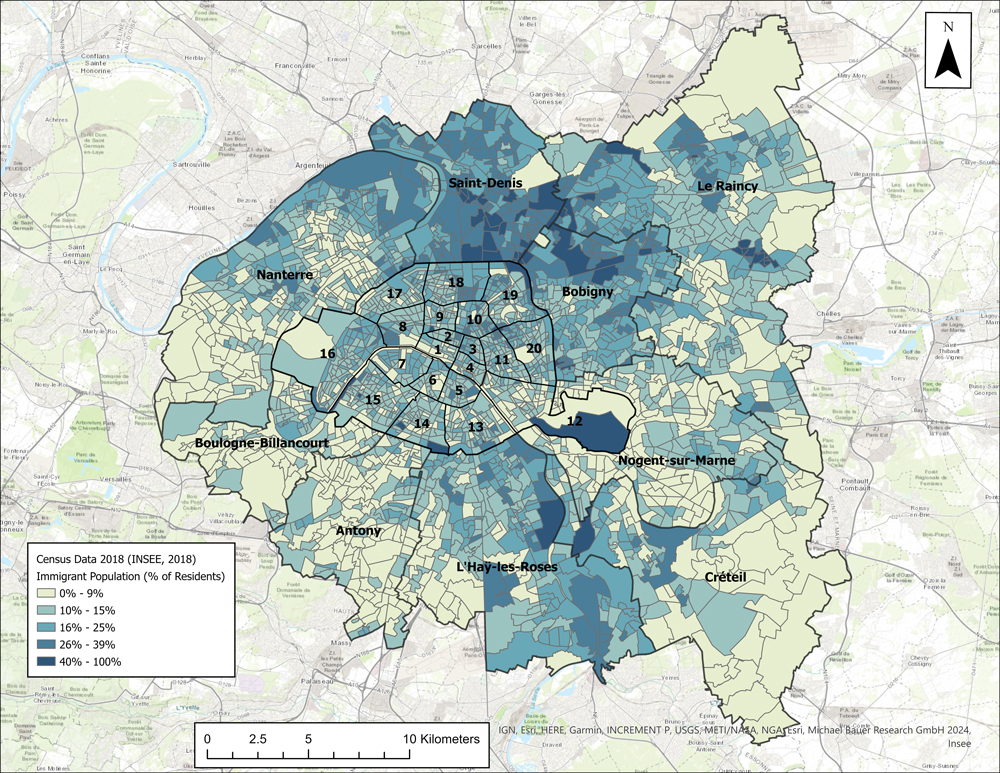 map depicting immigrant population by arrondissement and district in the Paris metropolitan area