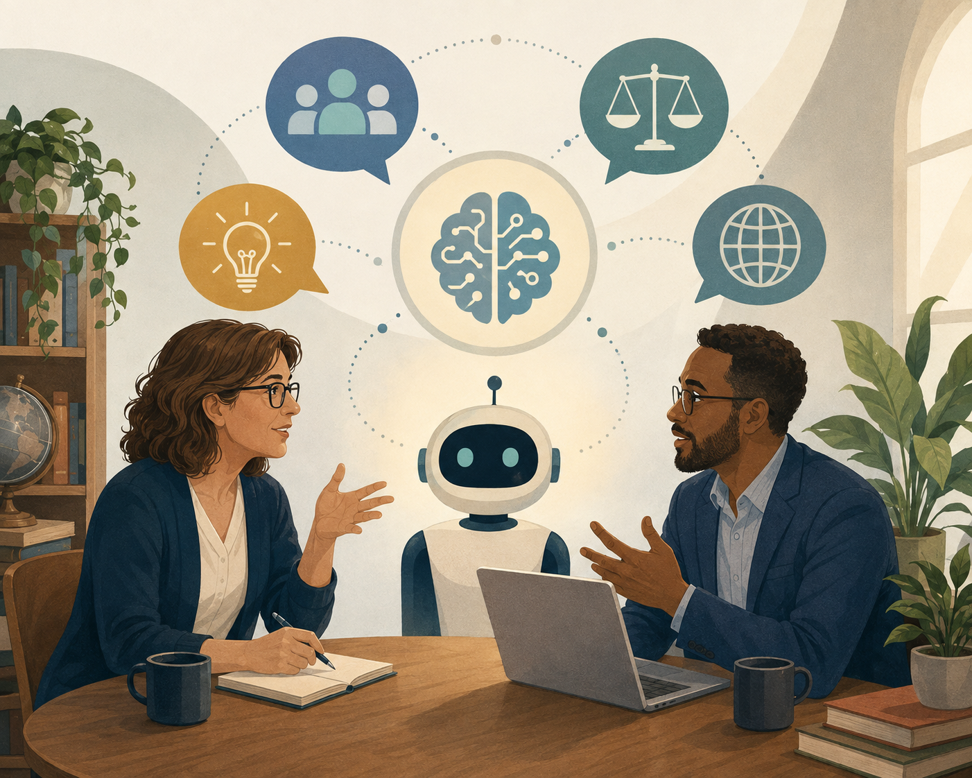 faculty members talking with a robot between them 