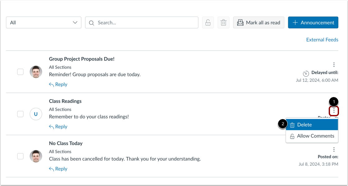 Delete Individual Announcement