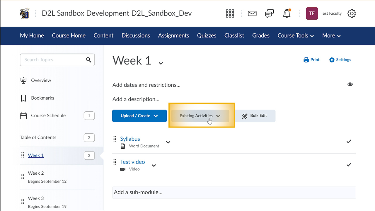 Existing Activities button
