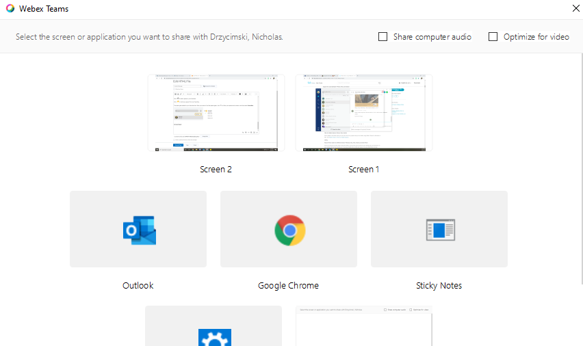 Select the screen or application to share