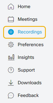 Recordings option on Webex website