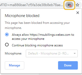 Microphone blocked pop-up with Always allow option selected