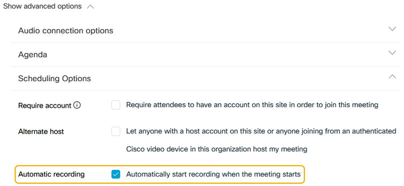 advanced options with automatic recording checked