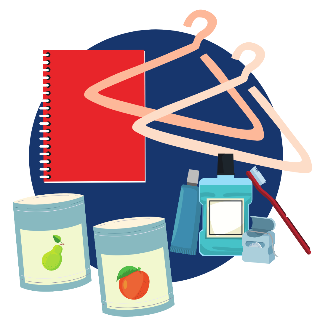 animated graphic image of canned food, clothing hangers, a notebook, and dental hygiene products
