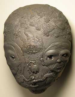 Let's Start Over Again, Cone 6 stoneware, glae, glass eyes, wall mounted