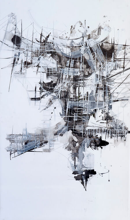 Jodi Lightner, Untitled (Chaos), Acrylic/Ink on Mylar, 62”x 36”, 2019. ©Jodi Lightner.