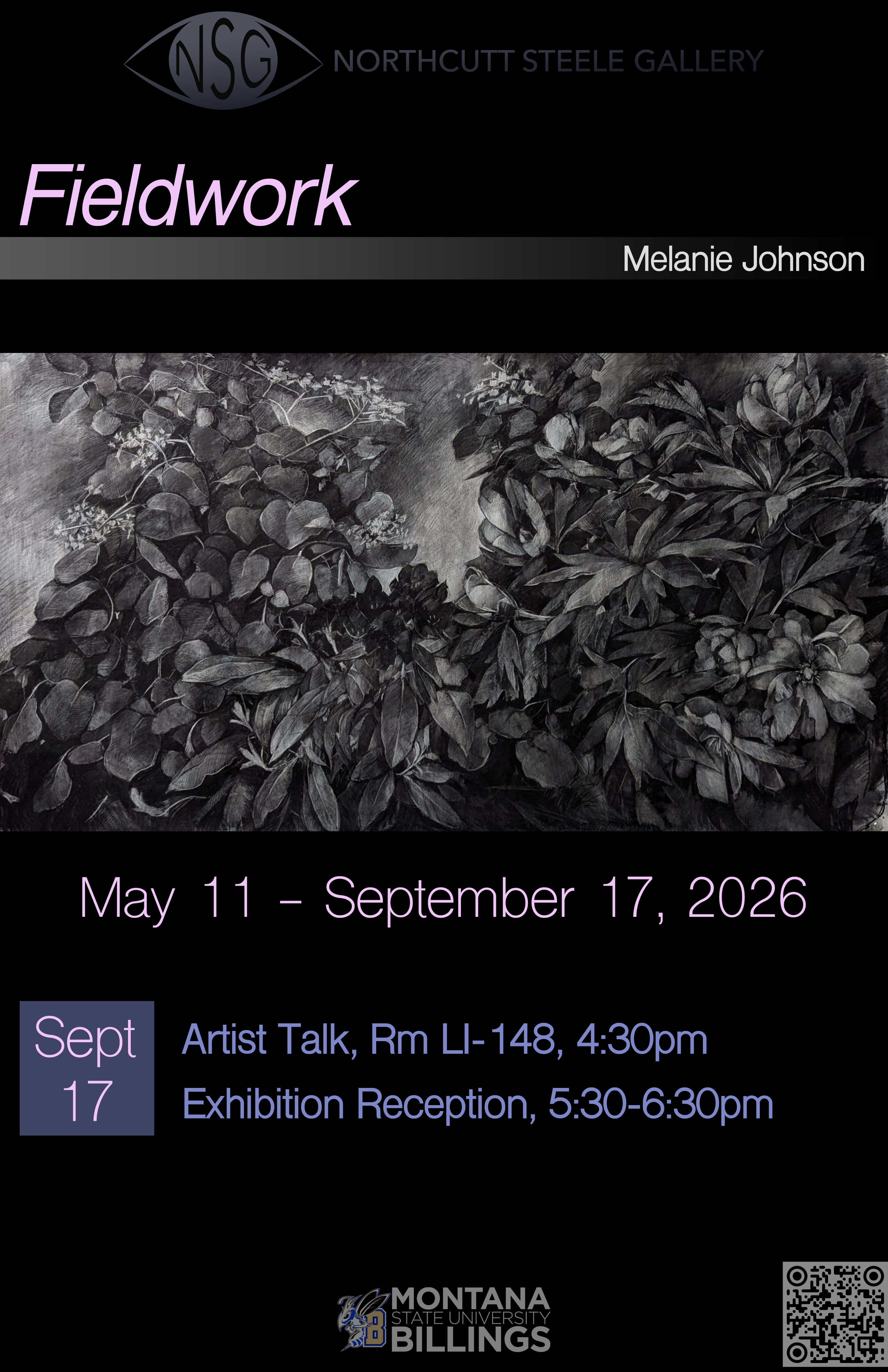 charcoal drawing of leaves and text regarding "Fieldwork" Exhibition