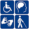 disability symbols showing a wheelchair, sign language, blind walker and brain injury