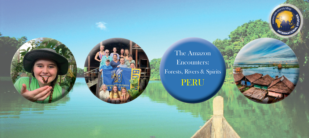 Amazon program web banner, river, MSUB students, butterfly, floating homes
