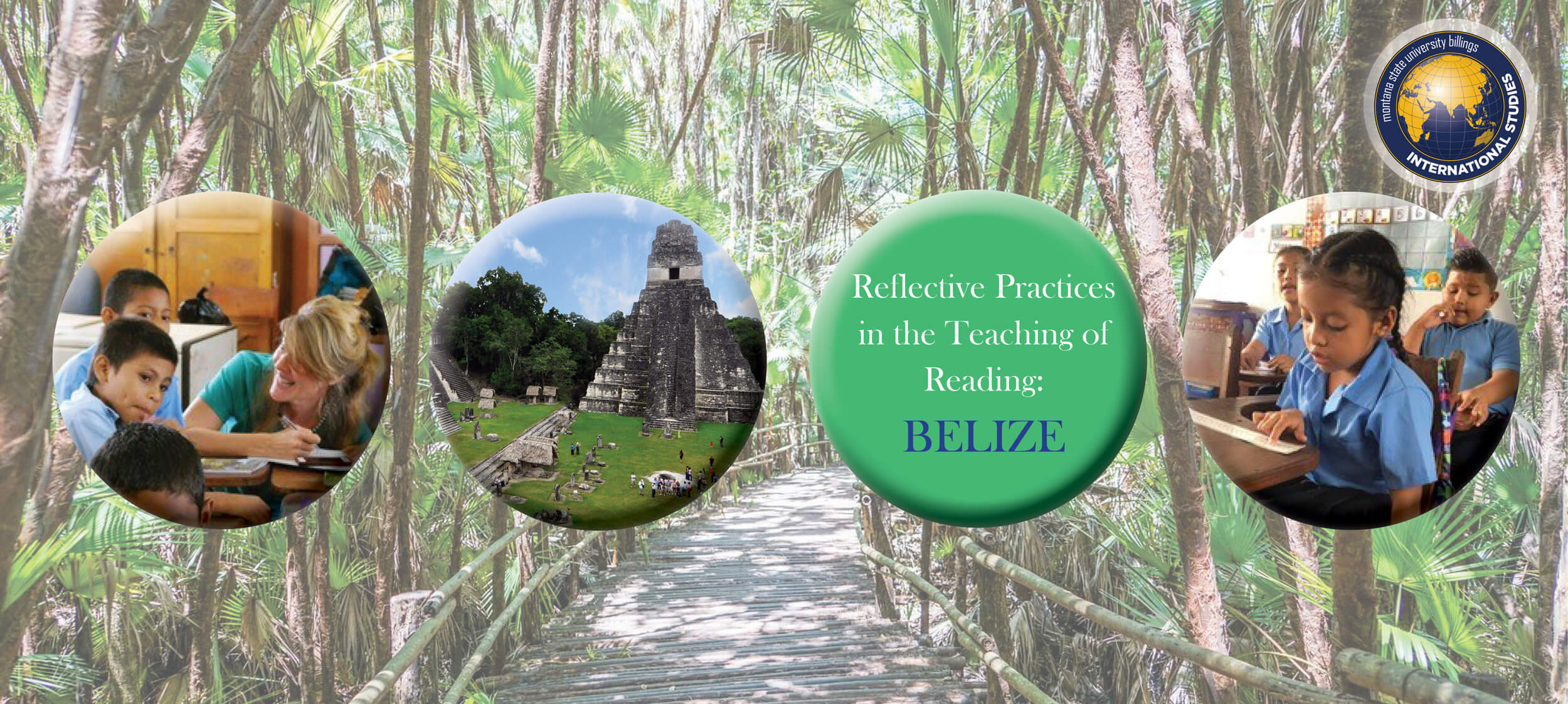Belize web banner, jungle, teaching local students, ruins