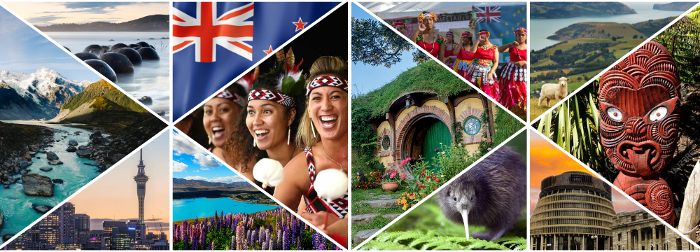 collage of images of new zealand nature, architecture, and culture 