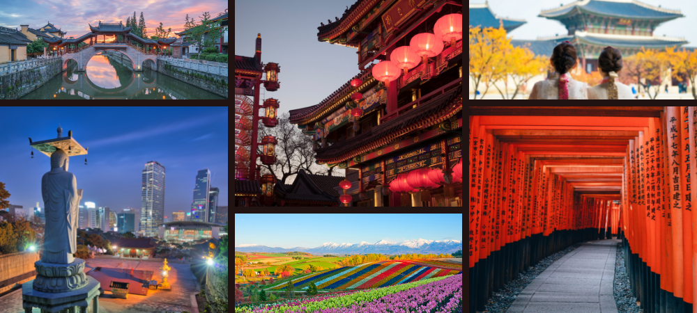 collage of images: japanese flower field, budda statue in south korean city, traditional chinese lanterns, japanese torii or gates, women in traditional south korea dress, a bridge in China