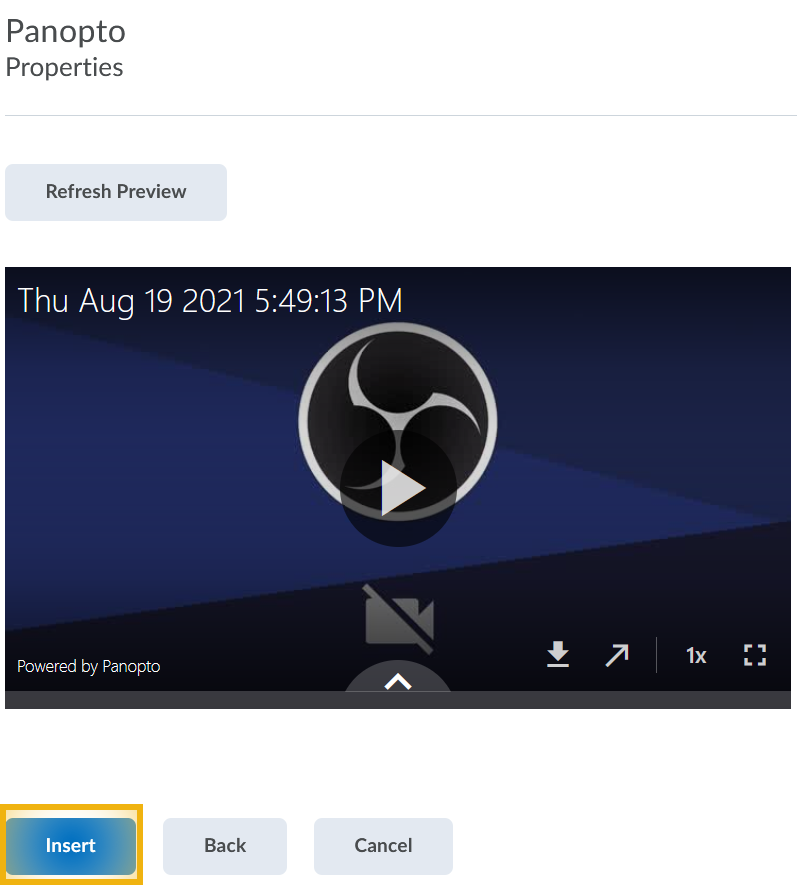 insert button in Panopto frame