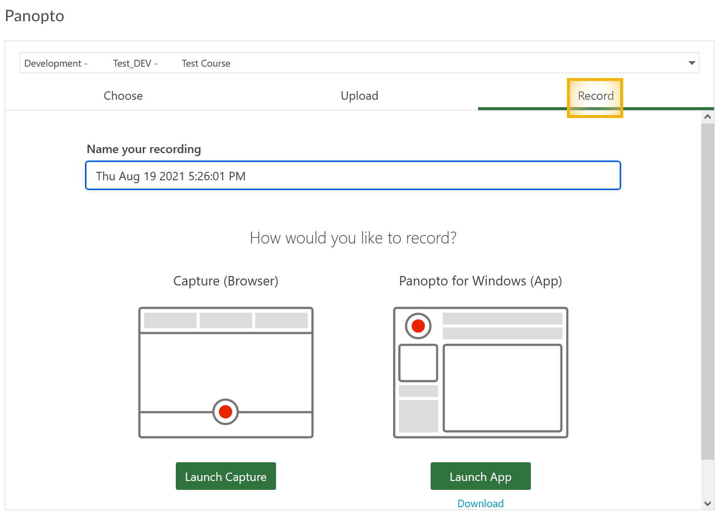 panopto in Canvas record tab highlighted