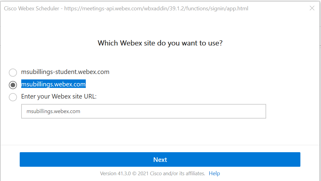 Select the Webex Site