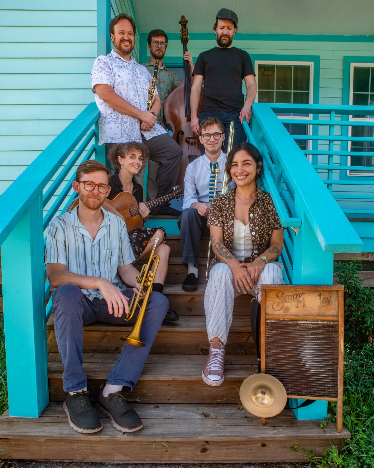 Sunshine Special New Orleans traditional jazz band standing on stairs