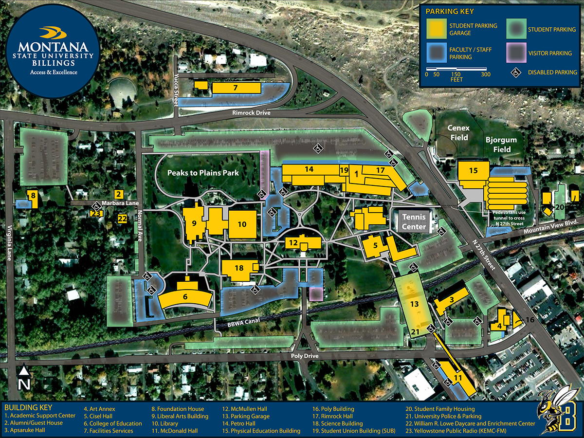 map of MSU Billings university campus and City College campus including parking areas