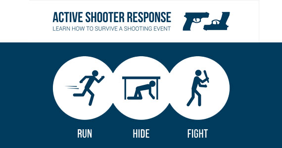 Active shooter response. Learn how to survive a shooting event. Run. Hide. Fight.