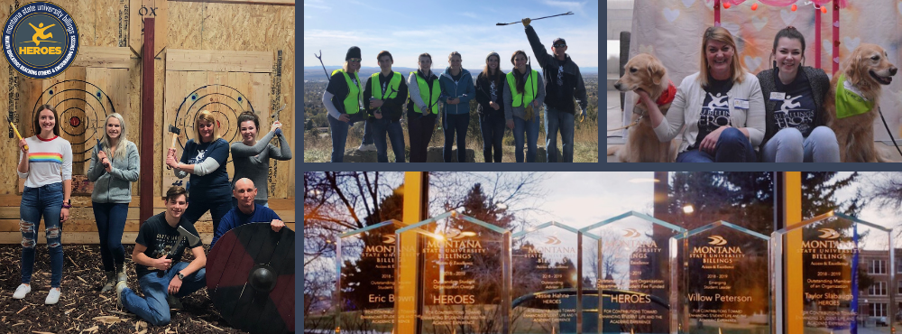 Heroes members at the rims cleaning, axe throwing, and with the therapy dogs. Heroes awards.