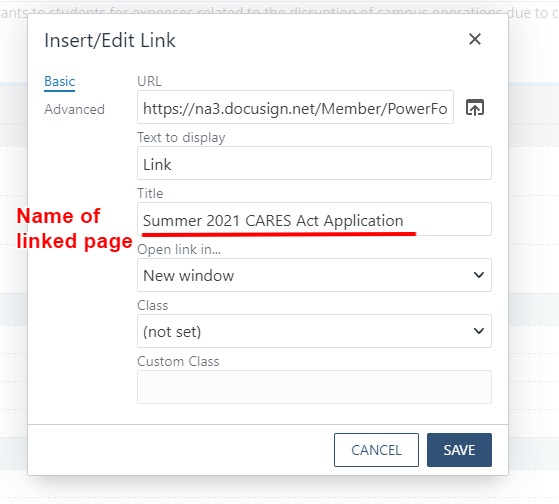 Link editor showing populated title field