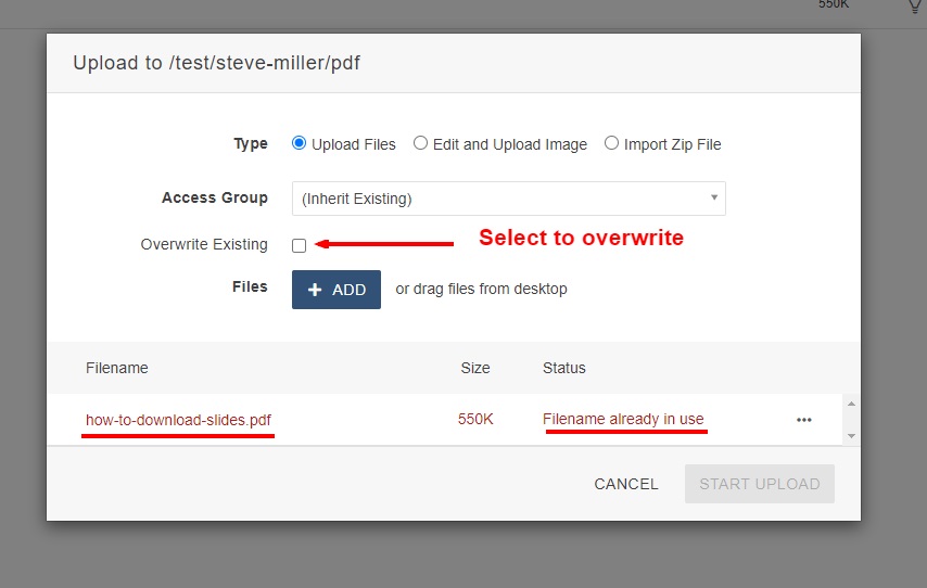 Upload overwrite screen