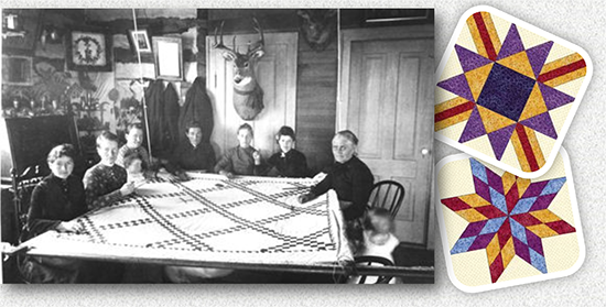 qulters around a large quilt in progress