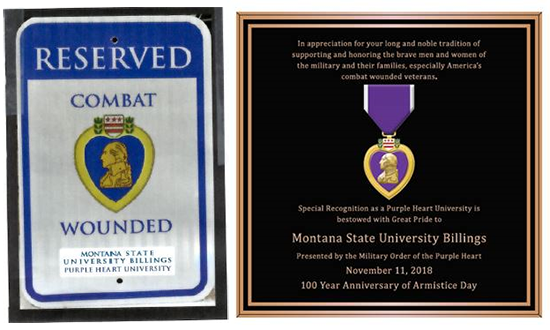 Purple Heart reserved parking sign and Purple Heart plaque and medal