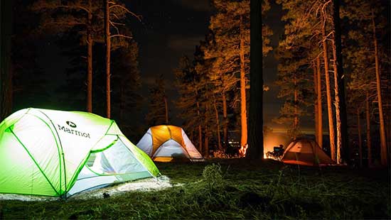 camper tents in the forest at night