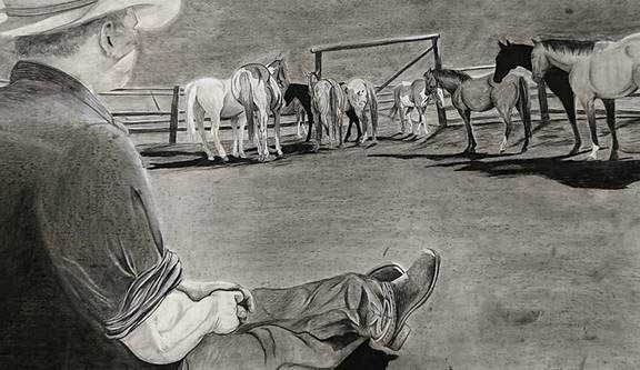 drawing by Amber Disney of a cowboy and horses
