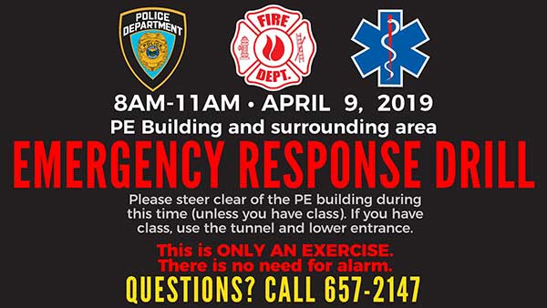 Emergency Drill slide showing time and some details about the April 9 emergency drill