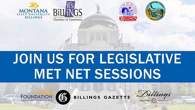 The Montana State Capitol building in Helena with logos of sponsors for the Met-Net sessions