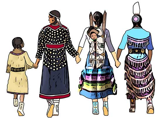 artist rendering of indigenous women and children